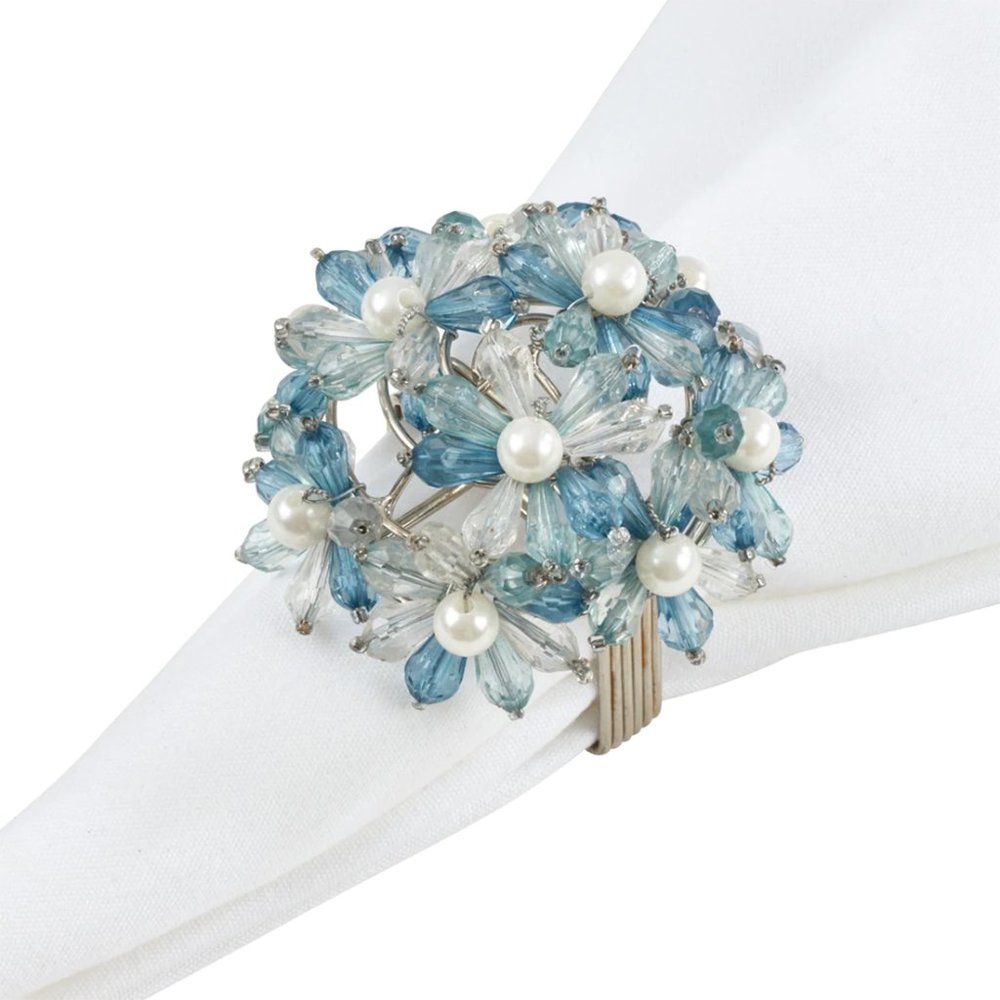 Hand Beaded Aqua Flowers Decorative Set of 4 Napkin Rings
